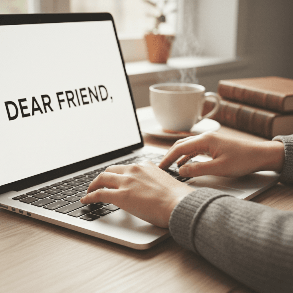 Hands typing an email on a laptop in a cozy home office