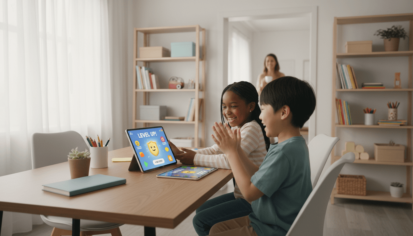Two diverse children sitting together at a desk, each using tablets for guided educational activities in a bright, modern home learning space with visible parent supervision nearby