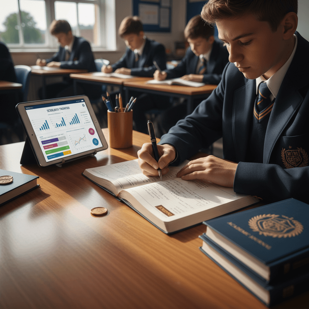 Secondary school student focused on academic work at organized desk with uniform and educational materials