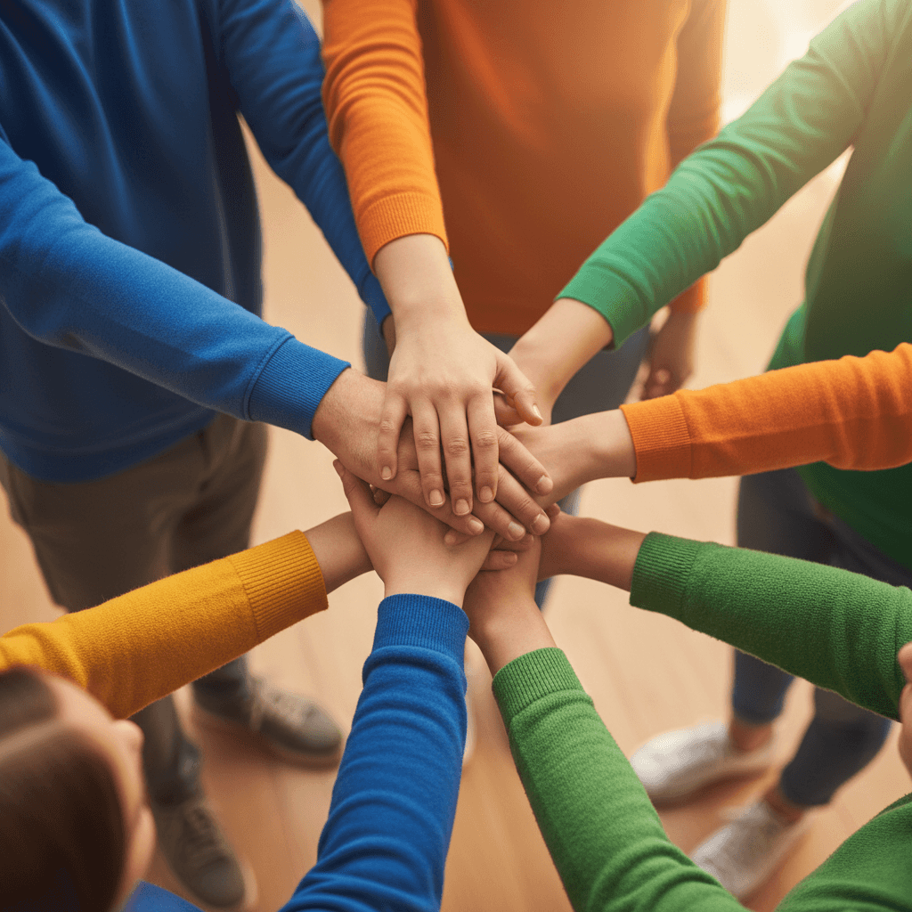 Overhead close-up of diverse young people's hands stacked together in unity, showing solidarity and shared commitment