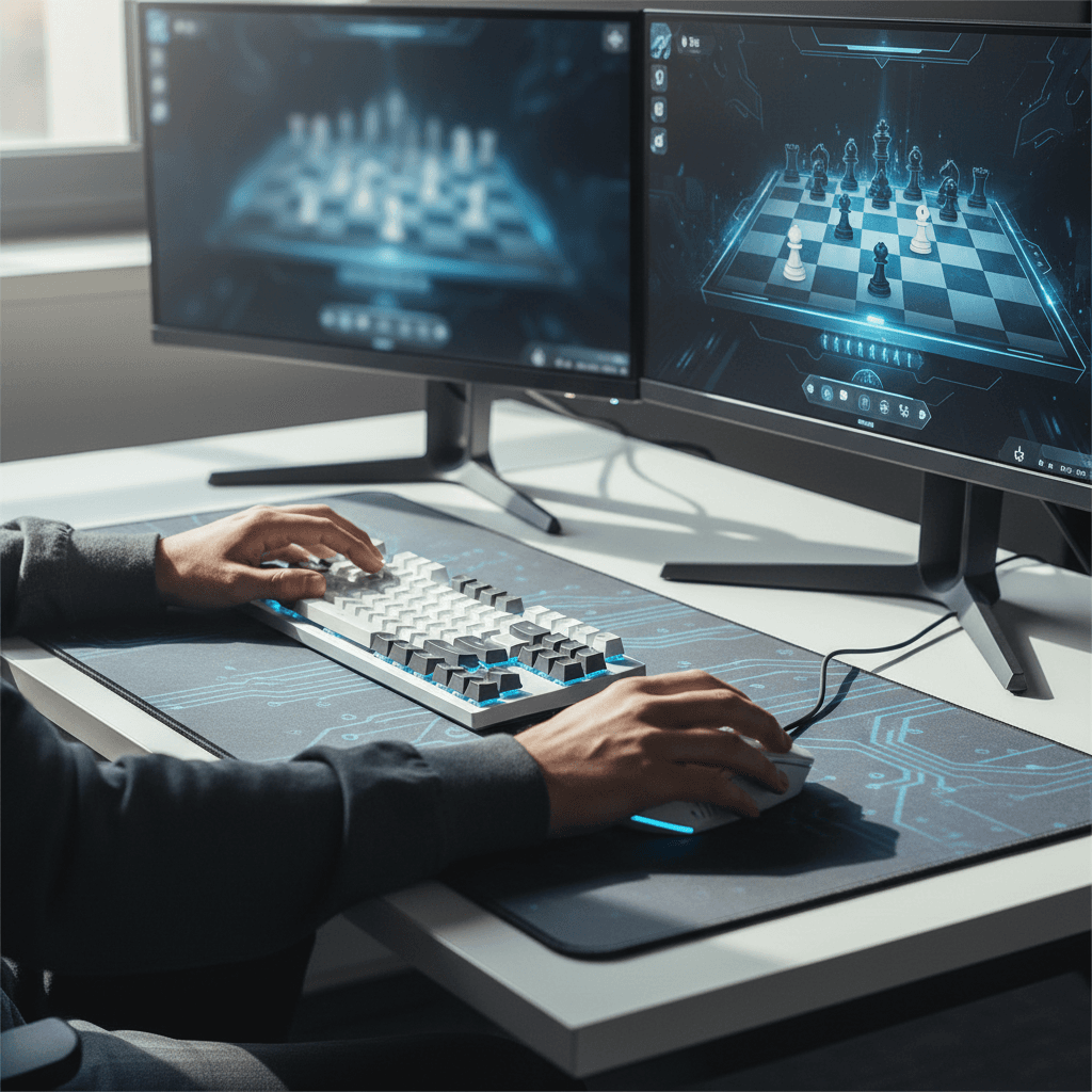 Competitive chess player's hands positioned on mechanical keyboard during online ranked match on dual monitors