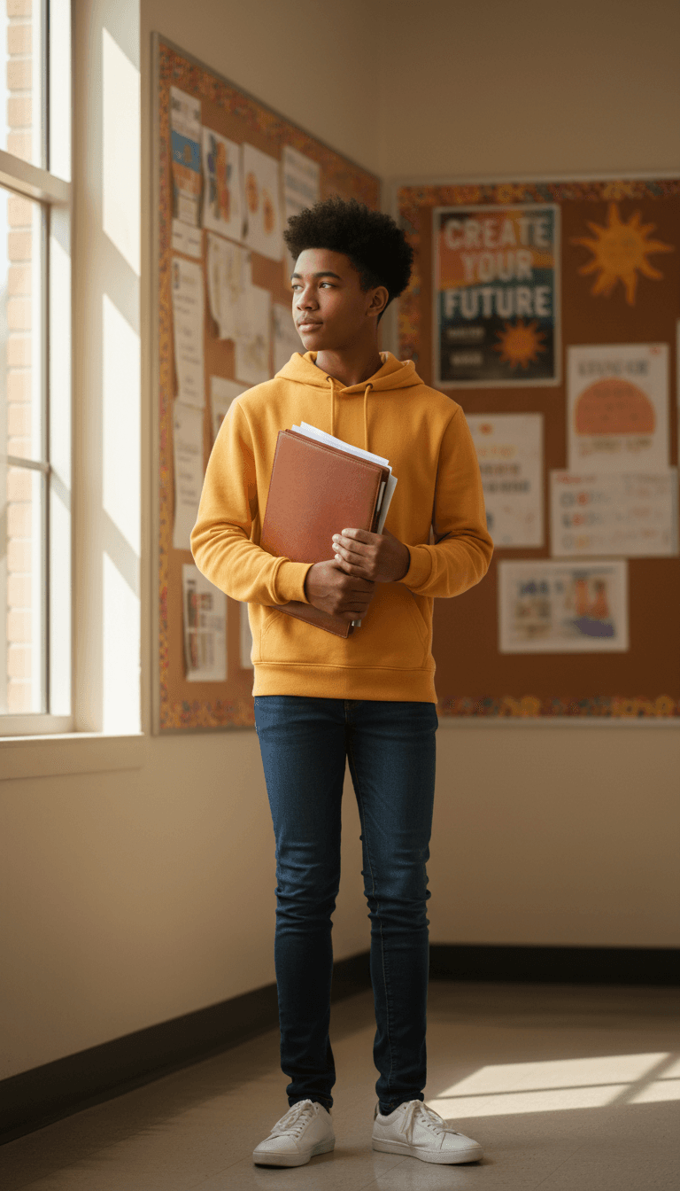 High school student standing confidently in hallway holding project portfolio with natural window lighting