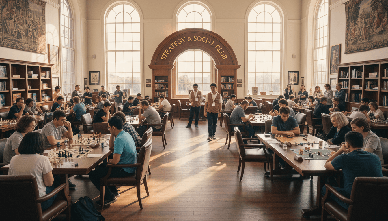 Wide view of bustling chess tournament in community center with multiple players at tables and natural daylight flooding the space