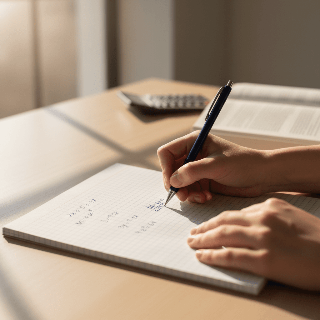 Student's hands writing mathematical equations on notebook paper during focused study session with natural window light