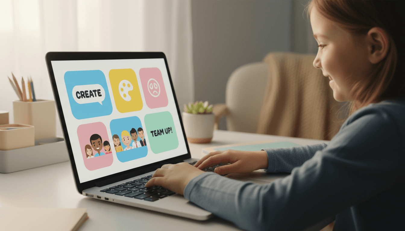 Child's hands on laptop keyboard, engaged with colorful digital collaboration interface in well-lit home workspace