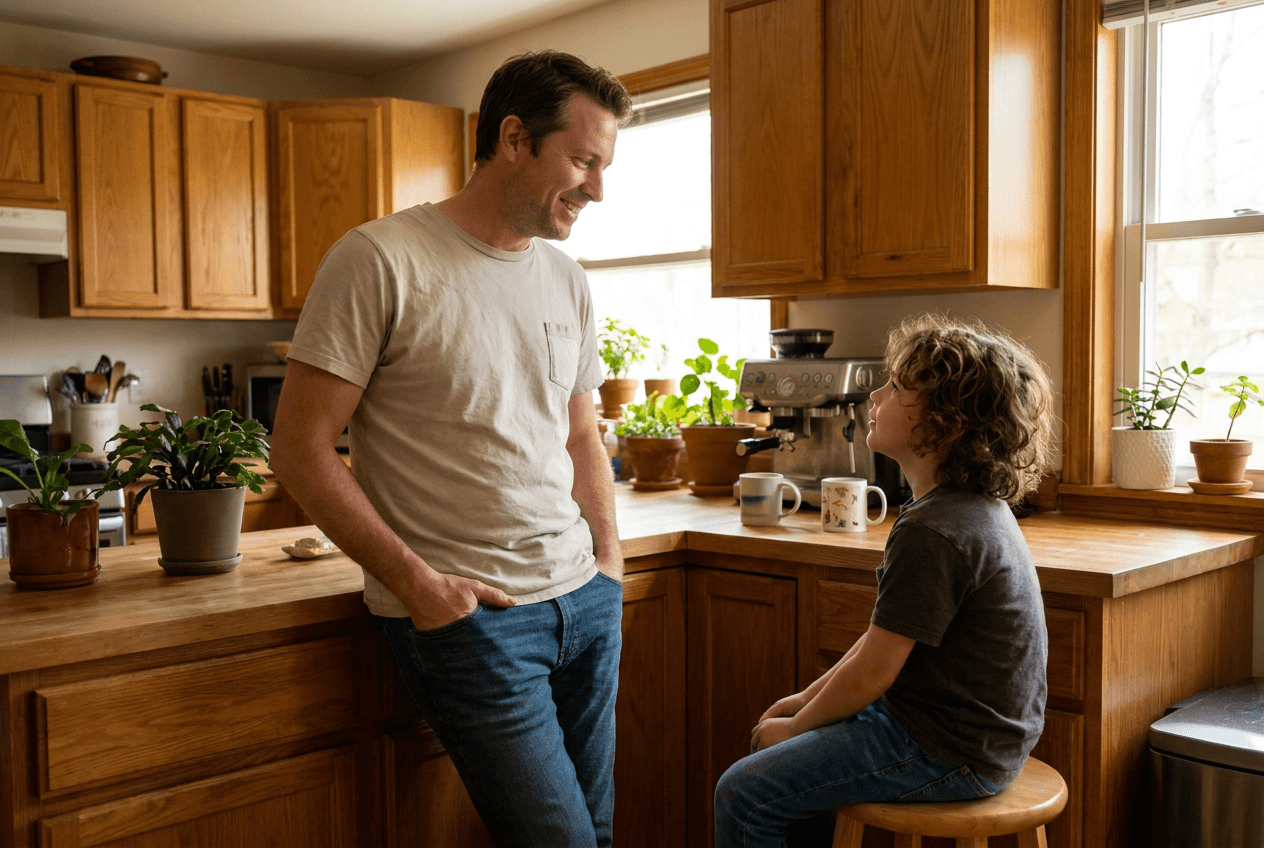 A father and son are smiling at each other in a warm kitchen with wooden cabinets, potted plants, and a coffee maker.