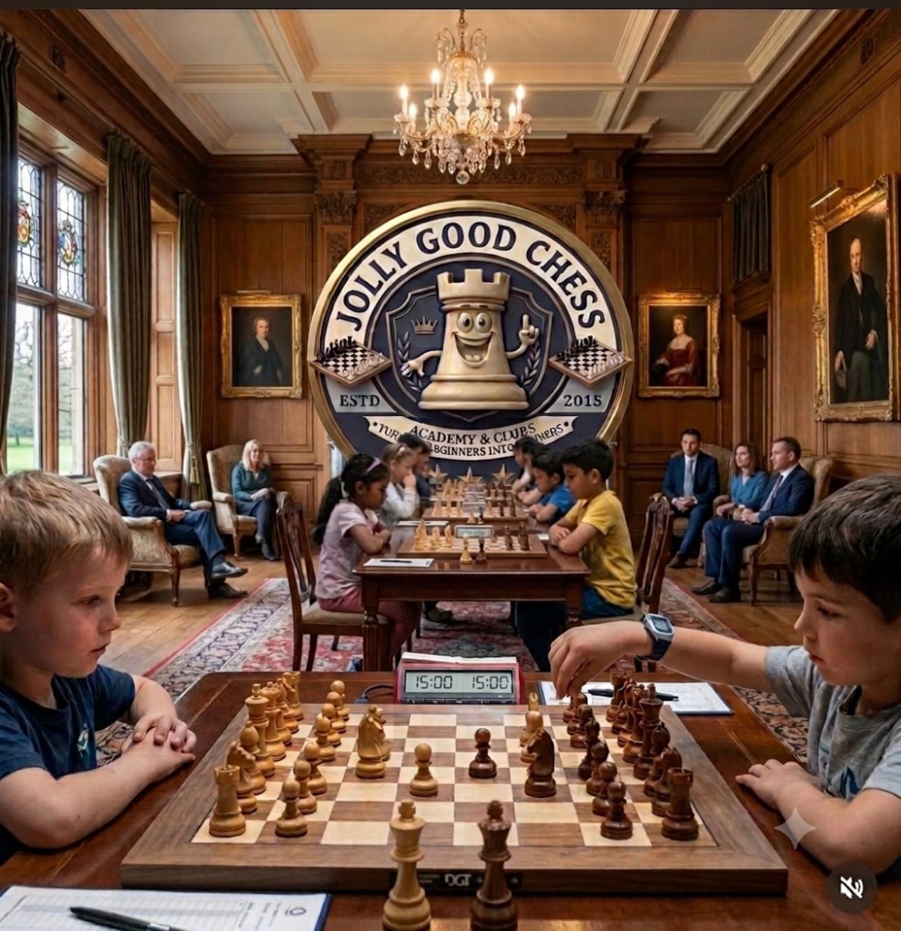 Children play chess in a grand wood-paneled room under a large Jolly Good Chess logo.