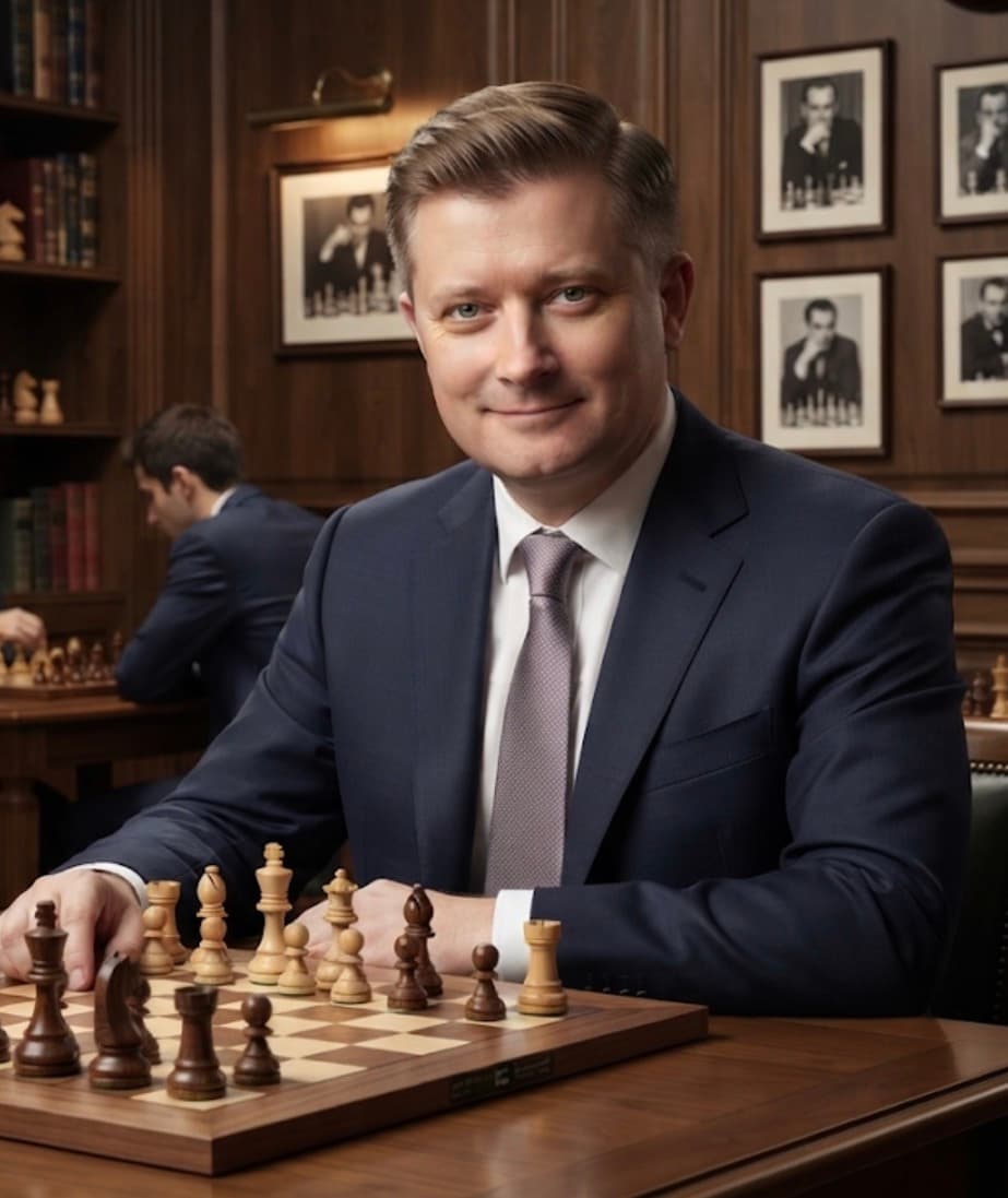 A smiling man in a suit sits at a chessboard in a wood-paneled library.