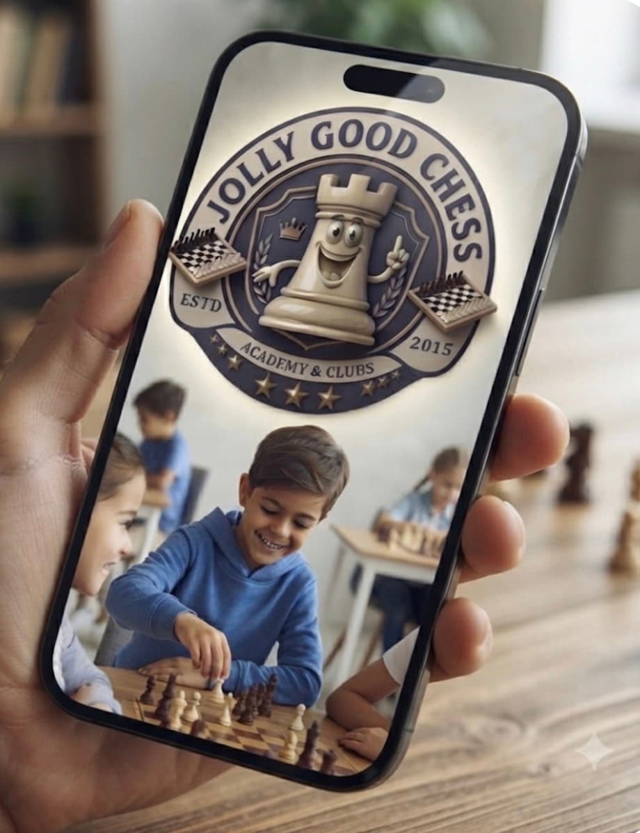Hand holding smartphone displaying Jolly Good Chess logo and smiling children playing chess in classroom.