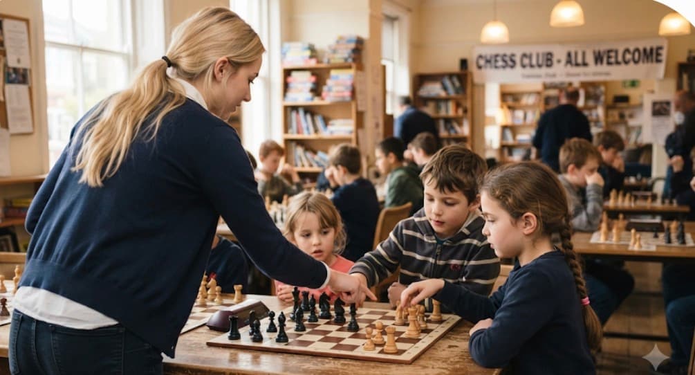 A woman points to a chessboard while teaching children at a community chess club.