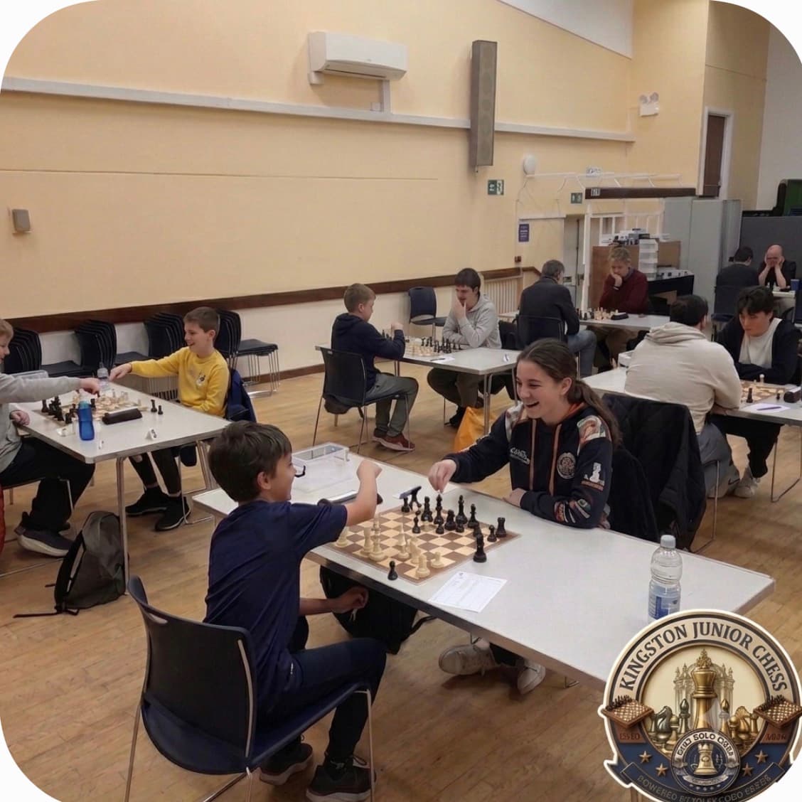 Young people playing chess at tables in a community hall during a junior chess tournament.