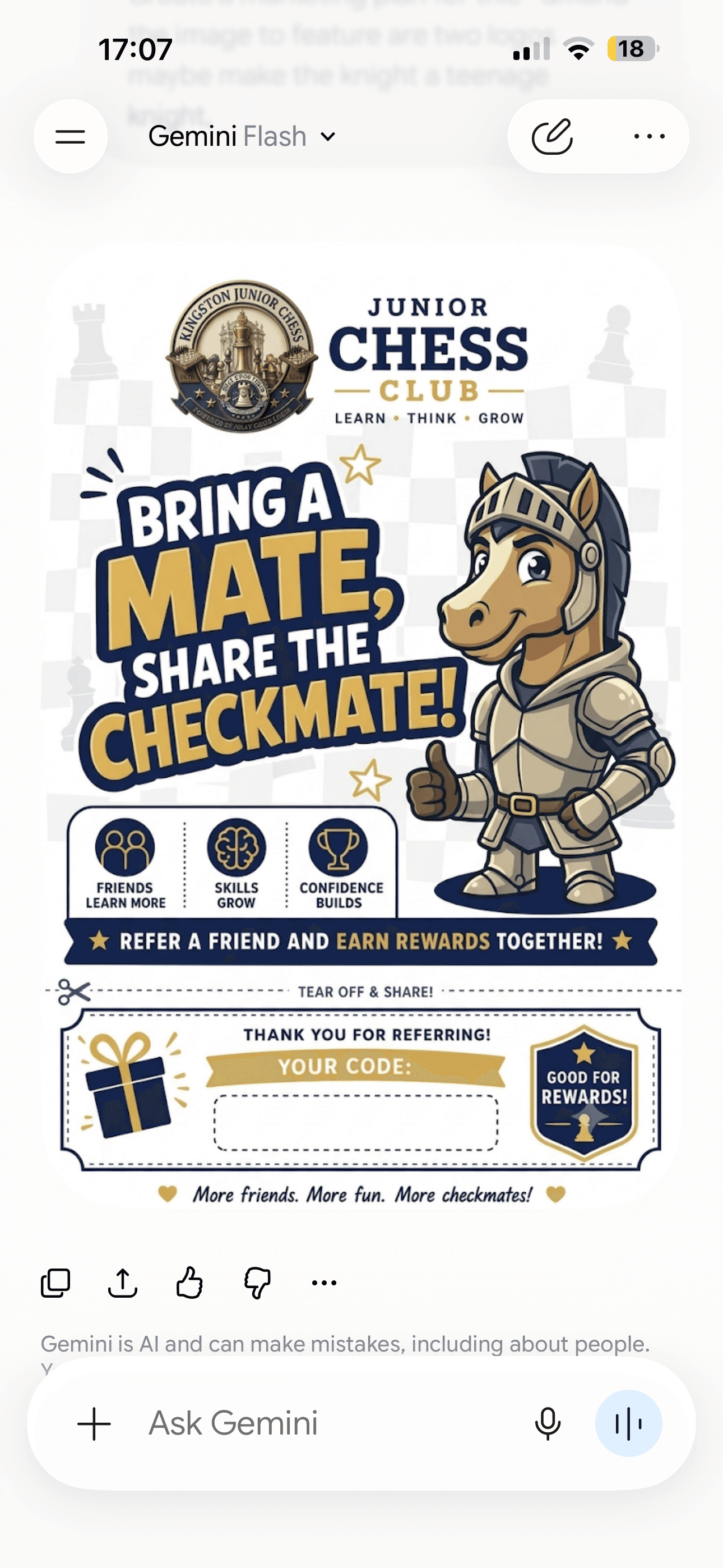 Junior Chess Club flyer featuring a cartoon horse knight and a referral reward program.