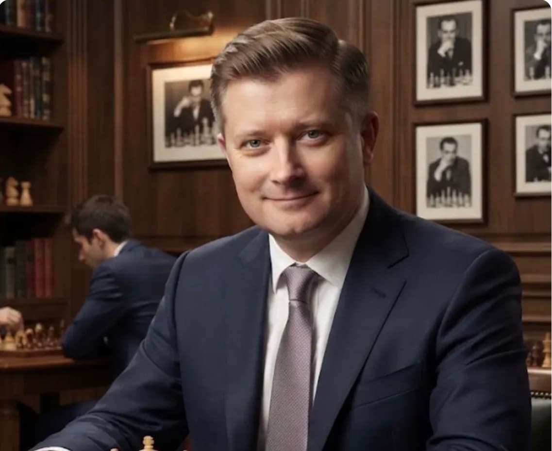 Smiling man in a navy suit sits in a room with chess players and photos.