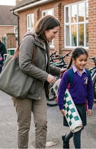 Woman in a green jacket walks with a schoolgirl carrying a rolled-up checkered chess mat.