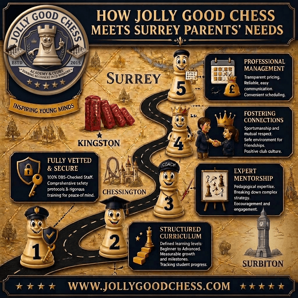 Infographic roadmap for Jolly Good Chess detailing curriculum, safety, and mentorship for parents in Surrey.