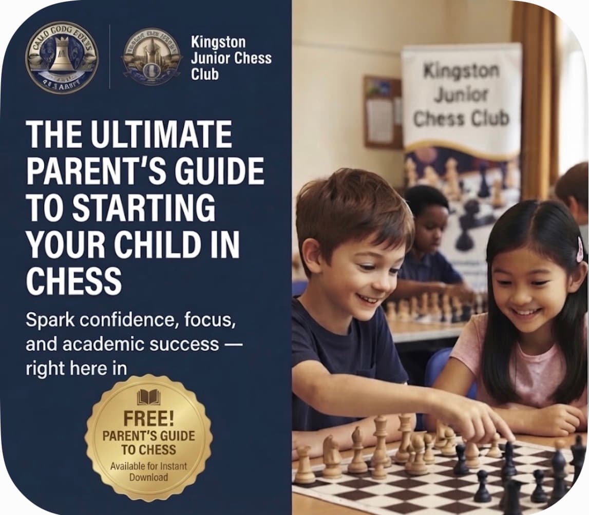 Smiling children play chess in an advertisement for Kingston Junior Chess Club's free parent's guide.