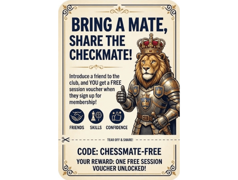 Chess club flyer featuring a lion in armor and a free session referral offer.