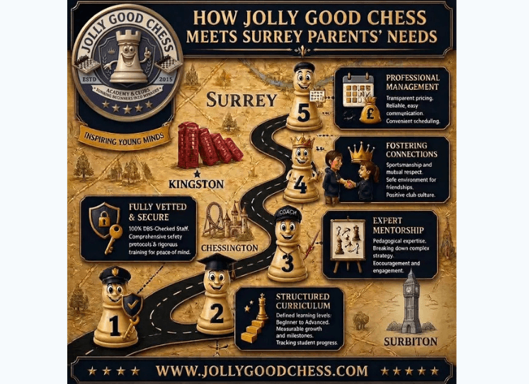 Illustrated map showing five benefits of Jolly Good Chess academy for parents in Surrey.